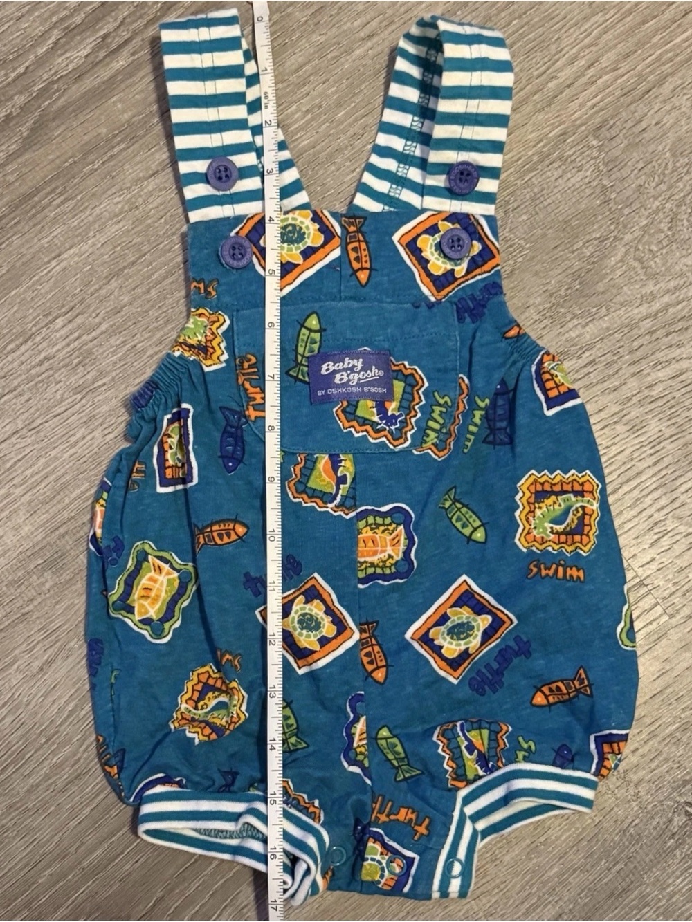 Vintage OshKosh B'gosh Teal Blue Fish & Patchwork Print Romper bubble